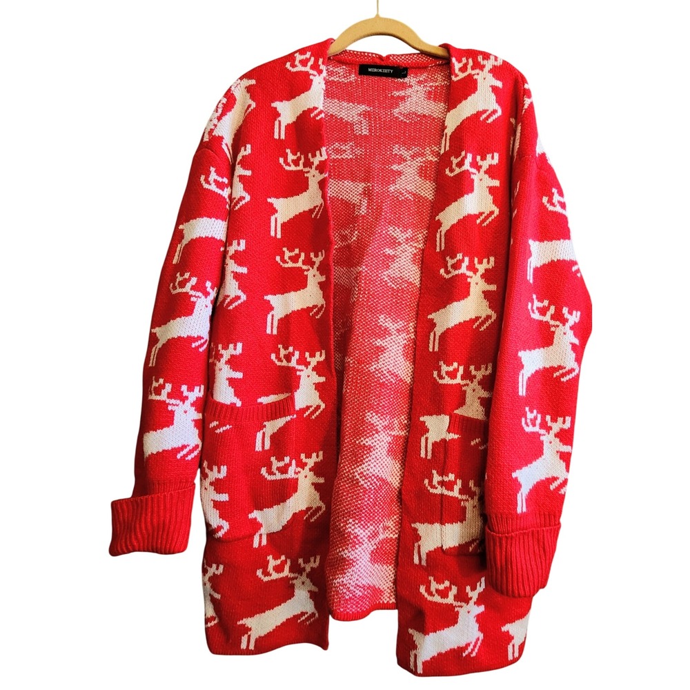 Merokeety Reindeer Cardigan Womens L Red Excellent Holiday Festive Knit Sweater